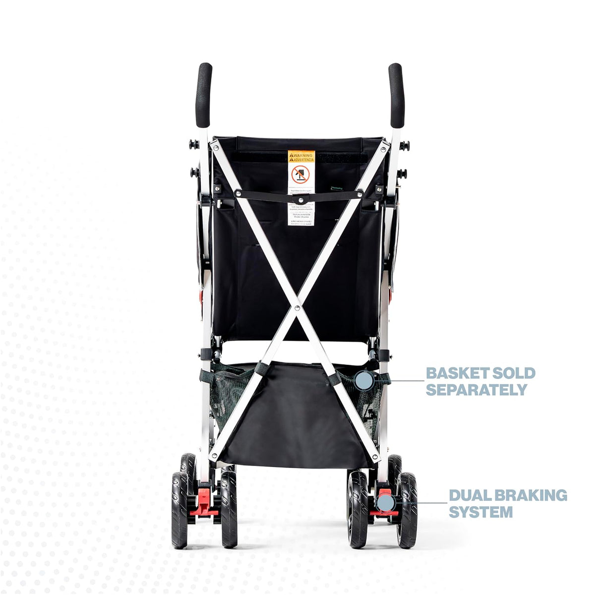 Coche XL stroller rear view with dual braking system and optional basket shown