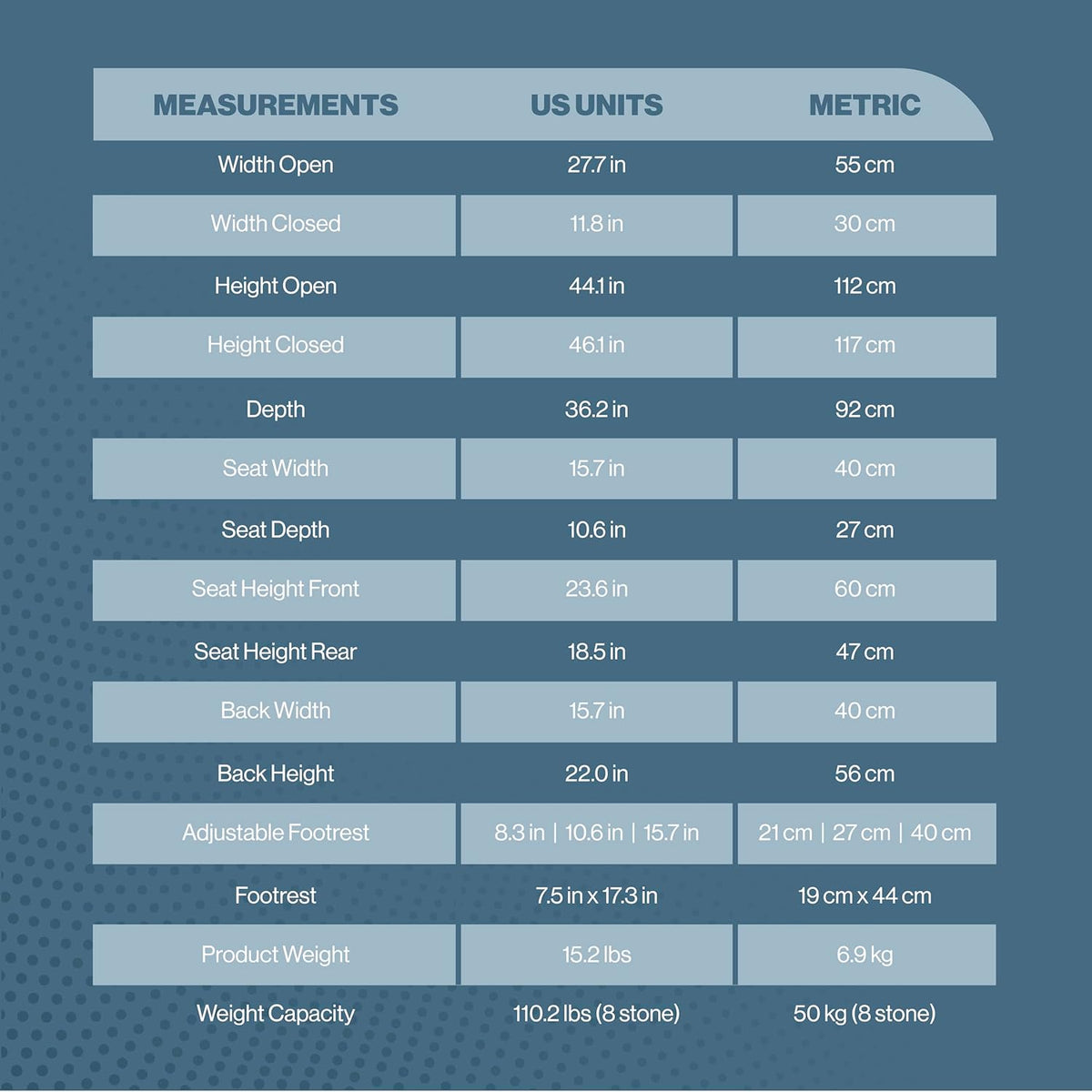 Coche XL stroller measurements and specifications chart