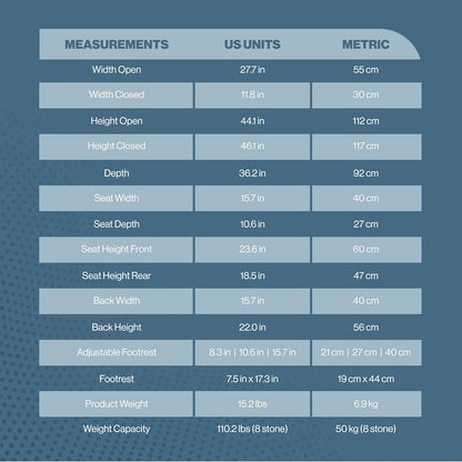 Coche XL stroller measurements and specifications chart