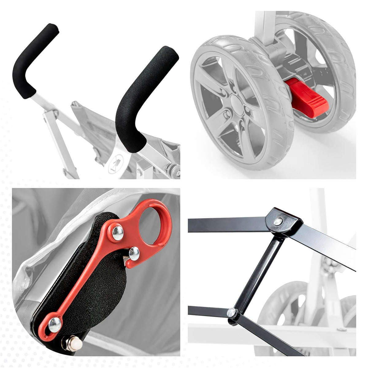 Coche XL stroller handle, wheel brake, frame hinge, and locking clip details