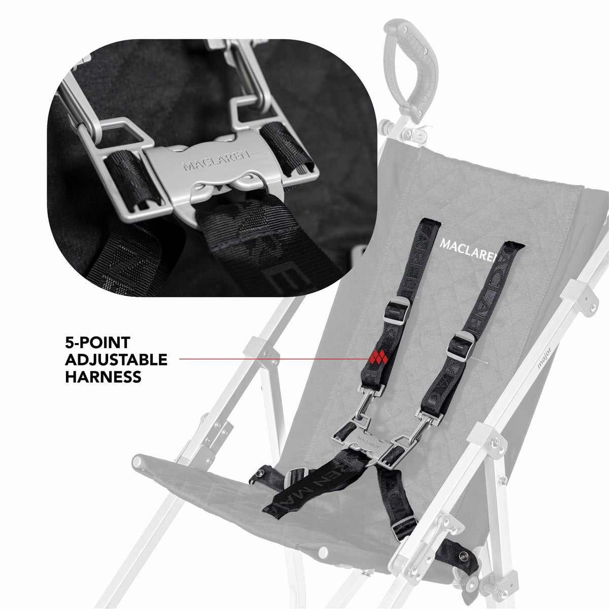 Black Maclaren Major Elite special needs stroller five-point harness detail