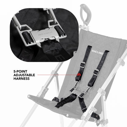 Black Maclaren Major Elite special needs stroller five-point harness detail