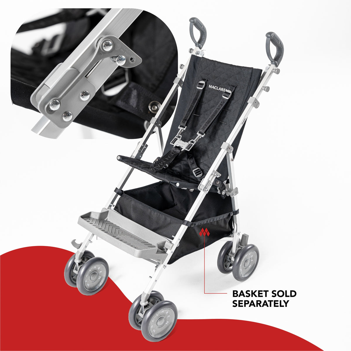 Black Maclaren Major Elite special needs stroller, side-angle view