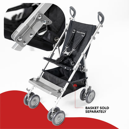 Black Maclaren Major Elite special needs stroller, side-angle view