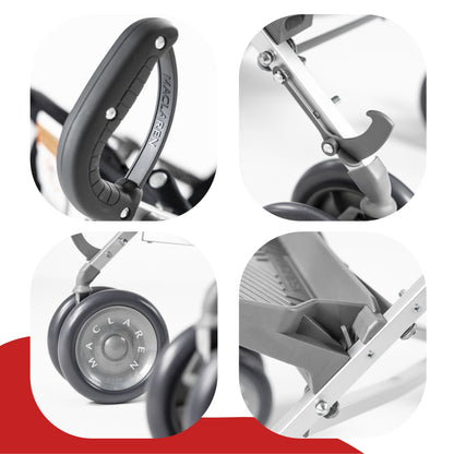 Black Maclaren Major Elite special needs stroller shown from multiple angles