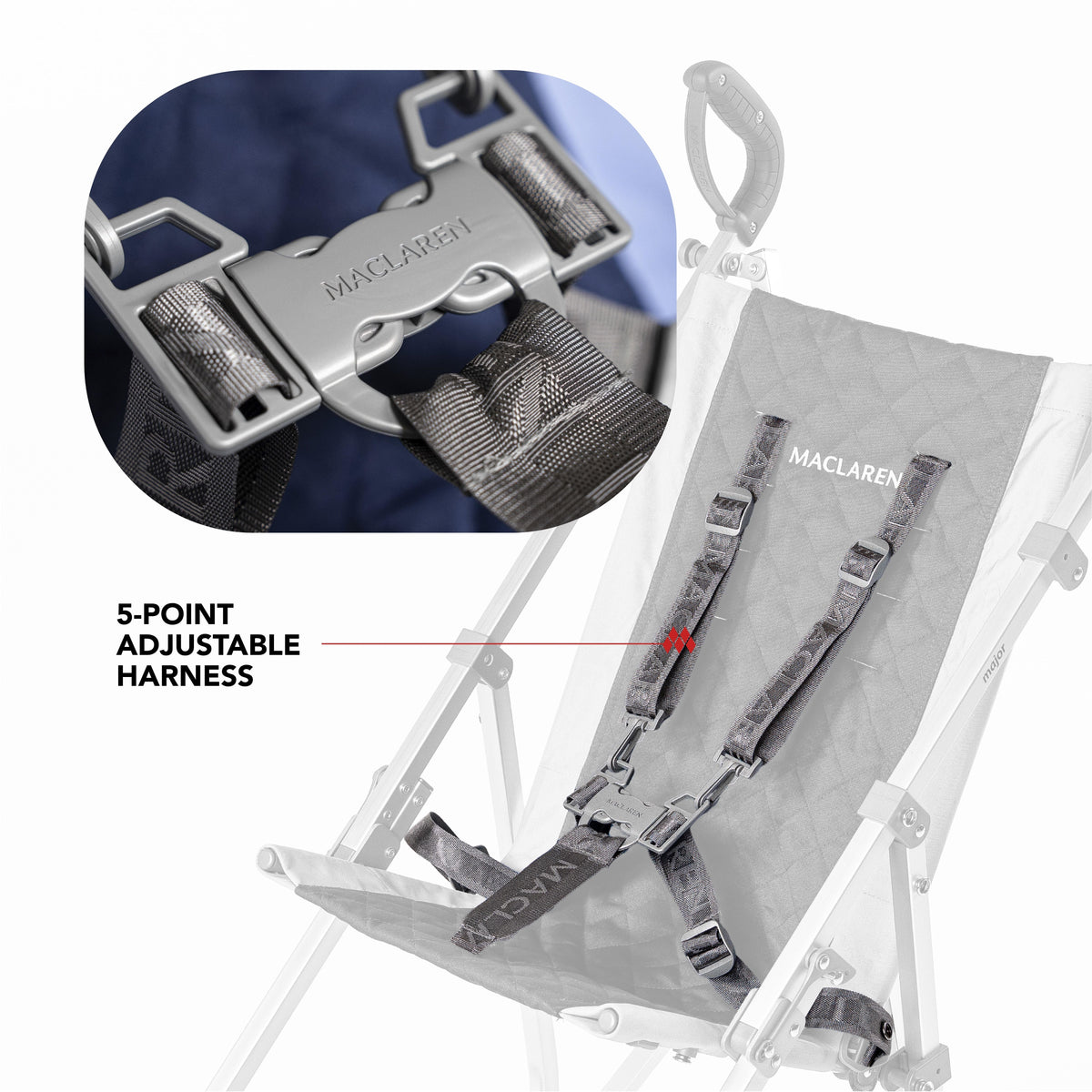 Blue Maclaren Major Elite special needs stroller five-point harness detail