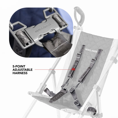 Blue Maclaren Major Elite special needs stroller five-point harness detail
