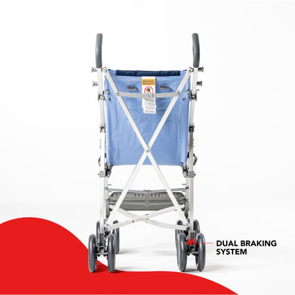 Blue Maclaren Major Elite special needs stroller, rear view