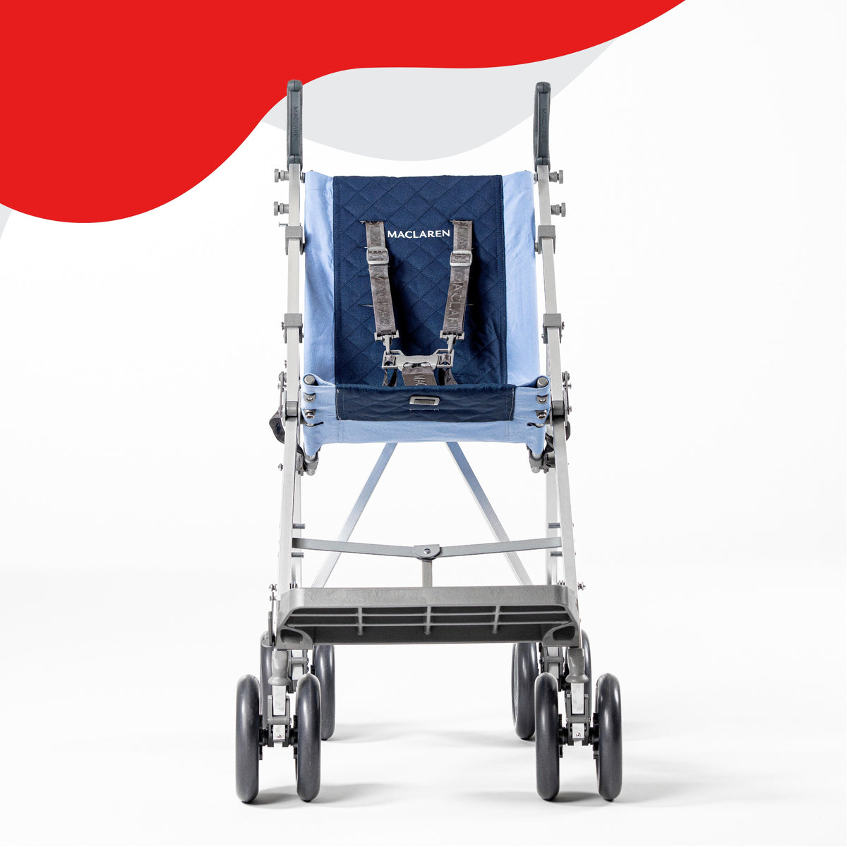 Blue Maclaren Major Elite special needs stroller, front view