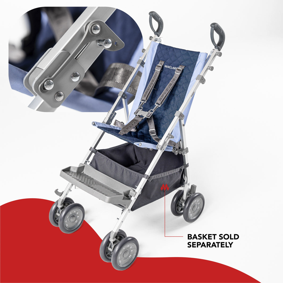 Blue Maclaren Major Elite special needs stroller, side-angle view
