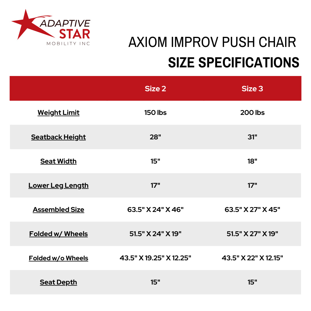 Adaptive Star Axiom IMPROV 2 Mobility Push Chair - Red size chart #color_red #size_improv-2