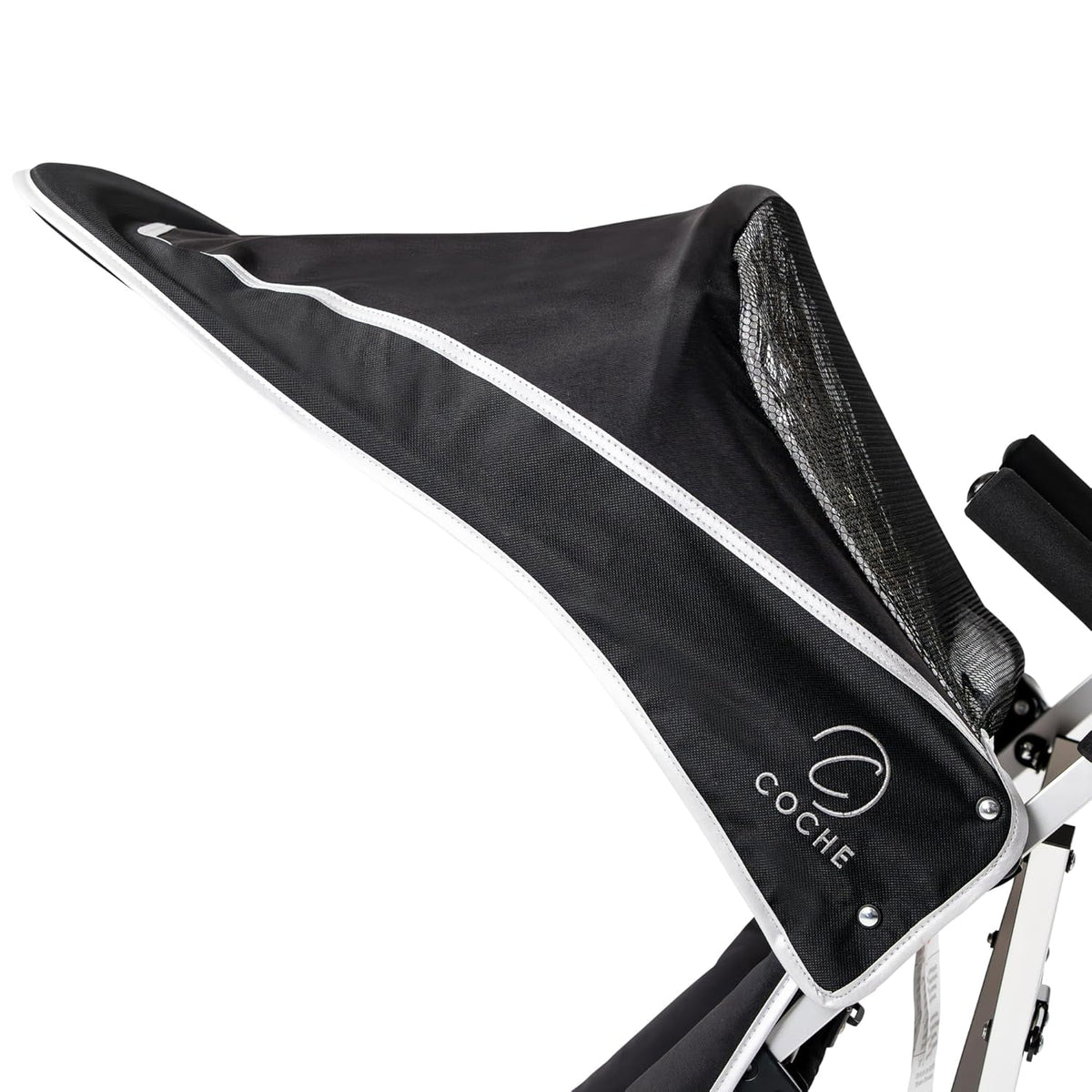 Black Coche XL sunshade canopy installed, side view with mesh rear panel