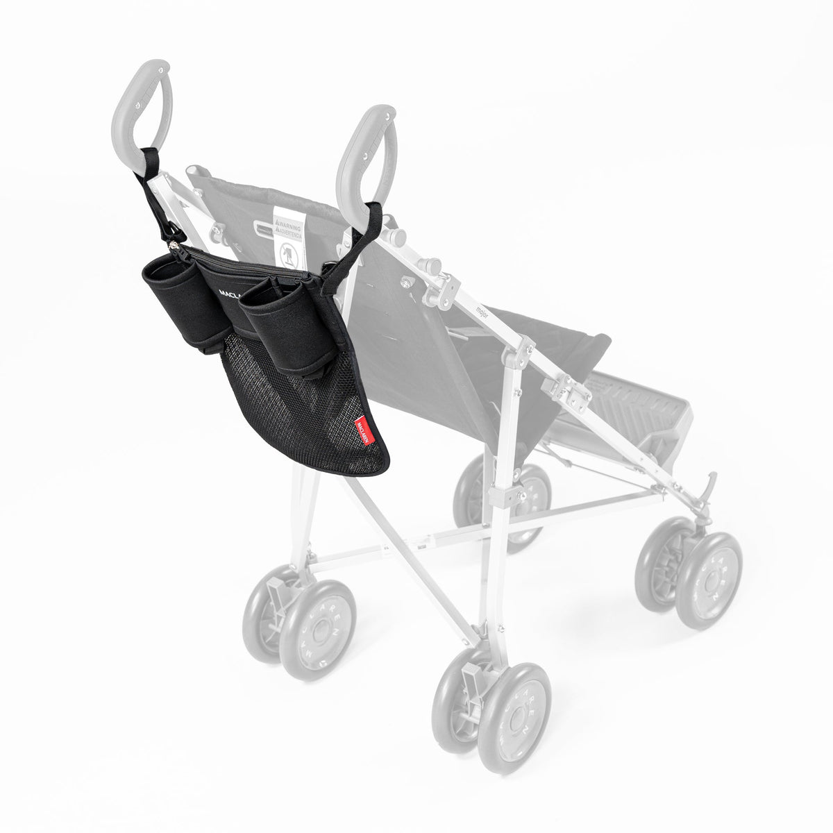 Black Maclaren Major Elite universal organizer installed behind the stroller seat