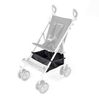 Black Maclaren Major Elite shopping basket installed beneath the stroller