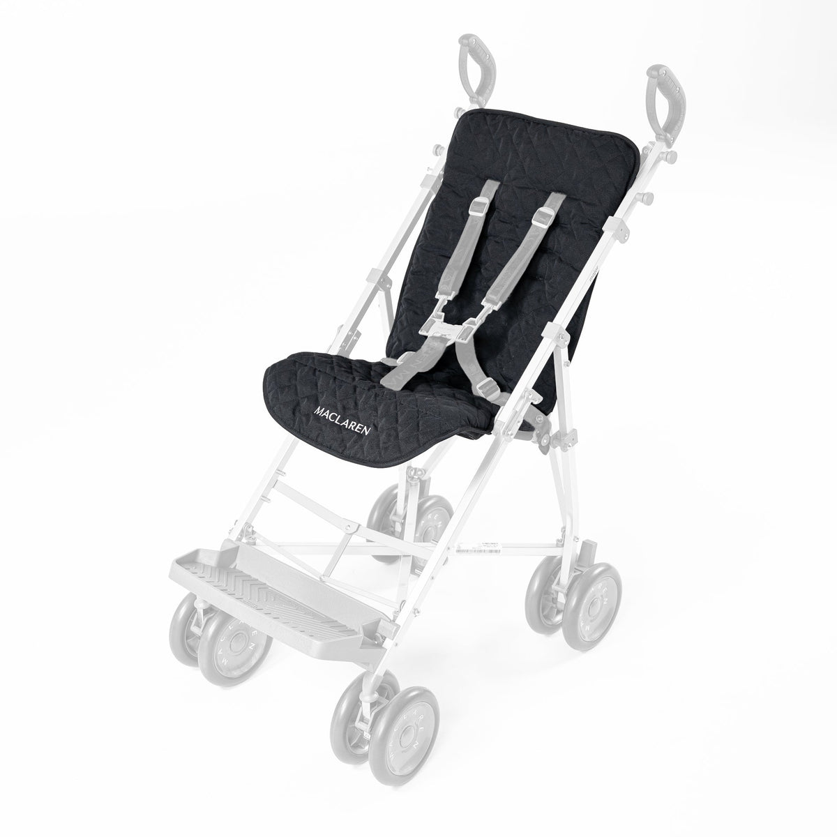 Black Maclaren Major Elite padded seat liner installed in the stroller