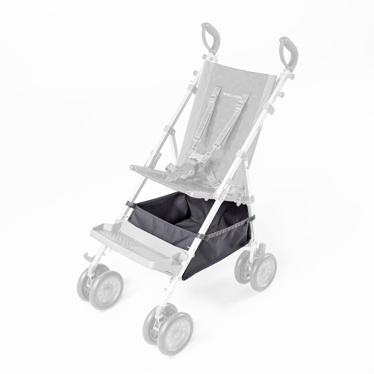 Gray Maclaren Major Elite shopping basket installed beneath the stroller