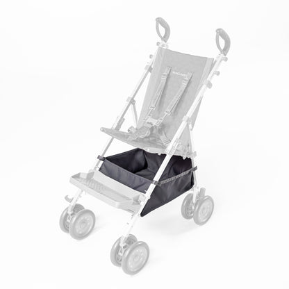 Gray Maclaren Major Elite shopping basket installed beneath the stroller