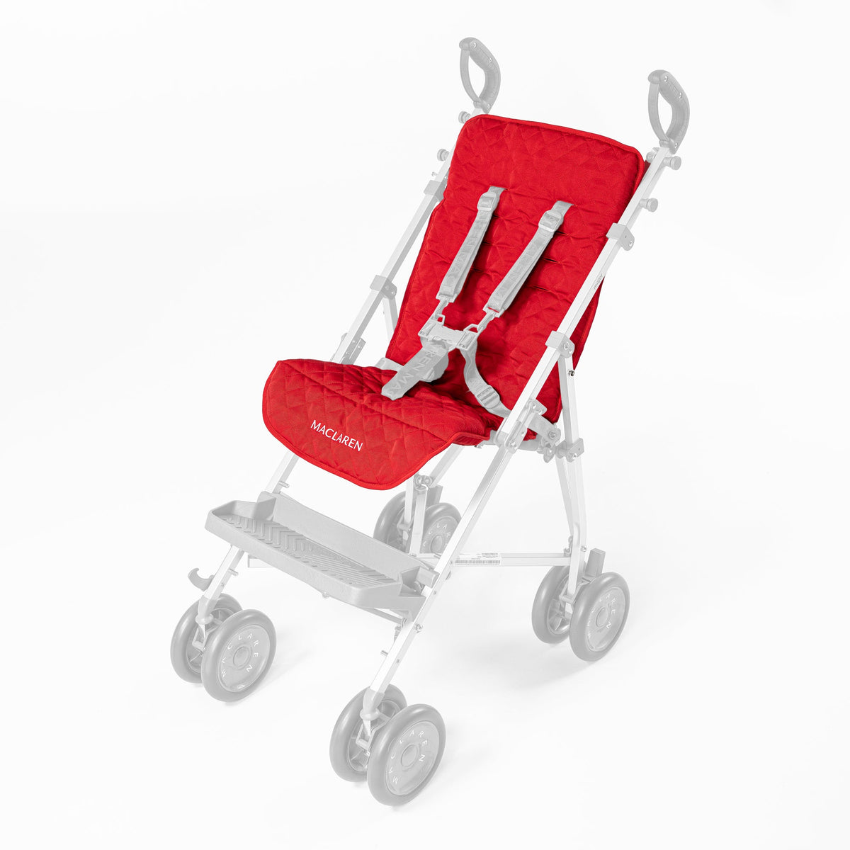 Red Maclaren Major Elite padded seat liner installed in the stroller