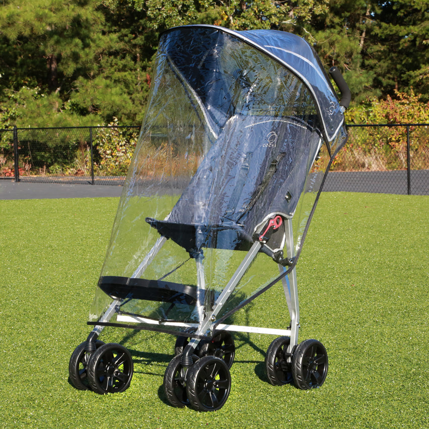 Clear Coche XL rain cover installed on the stroller outdoors