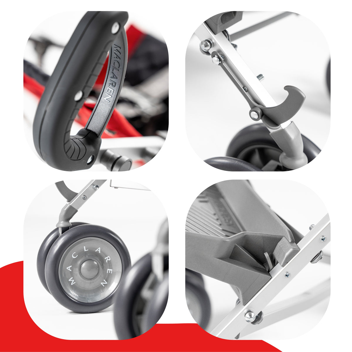 Red Maclaren Major Elite special needs stroller shown from multiple angles