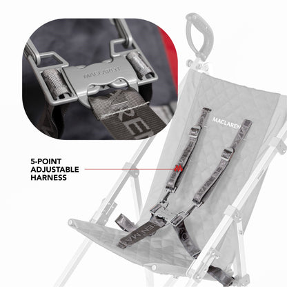 Red Maclaren Major Elite special needs stroller five-point harness detail