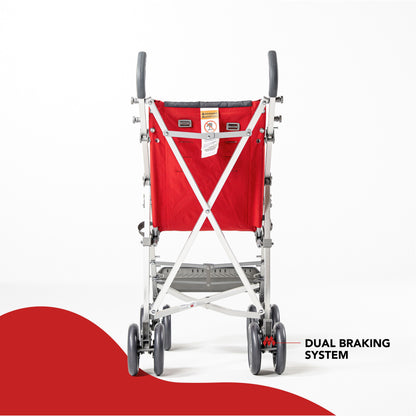 Red Maclaren Major Elite special needs stroller, rear view