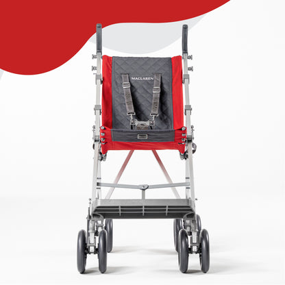 Red Maclaren Major Elite special needs stroller, front view
