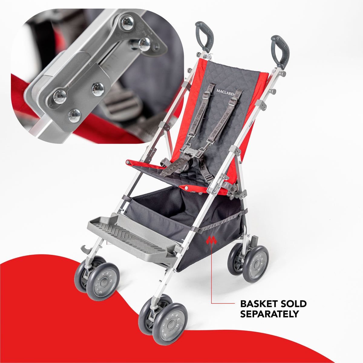 Red Maclaren Major Elite special needs stroller, side-angle view