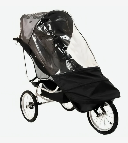 Clear Adaptive Star rain canopy installed on a three-wheel push chair