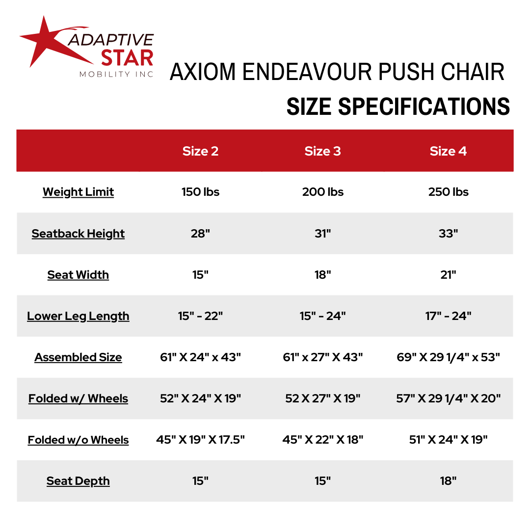 Adaptive Star Axiom ENDEAVOUR 2 Endeavour Push Chair - Navy size chart #color_navy #size_endeavour-2