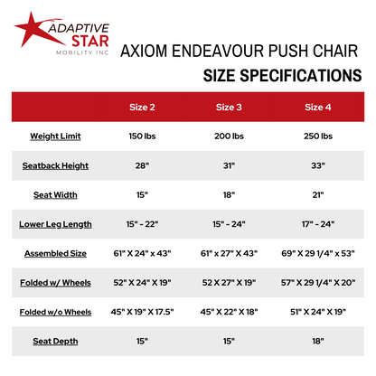 Adaptive Star Axiom ENDEAVOUR 2 Endeavour Push Chair - Navy size chart #color_navy #size_endeavour-2